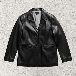 VTG Y2K Maggie Barnes Black Leather Blazer Monochrome Pinstripe Lining Sz 3X